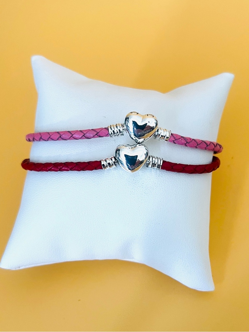 Pink and Red leather Bracelet Set Silver plated Heart clasp